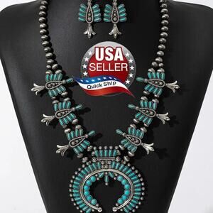First Nation Design Faux Turquoise Squash Blossom Necklace & Earrings Set